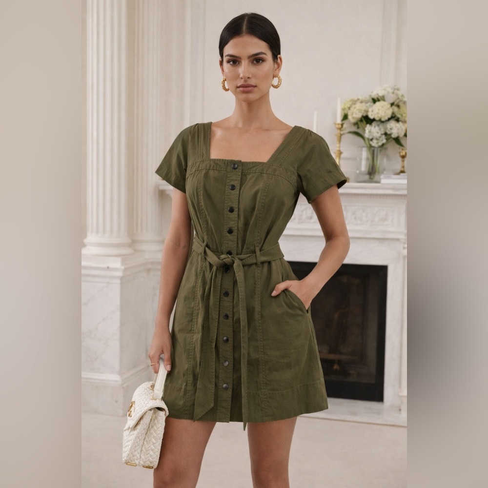 NWT Marissa Webb Green Snap Front Belted Short Sleeve Mini Dress size XS